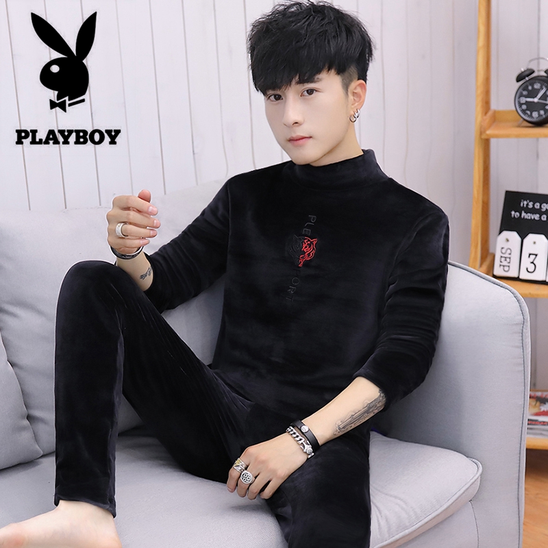 Playboy mùa đông ấm áp mens đồ lót phù hợp cộng với nhung tuổi teen đáy nhung vàng cao cổ dày.