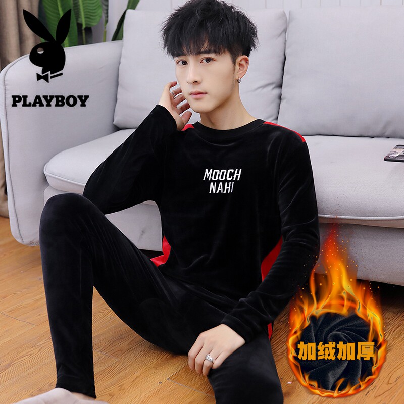 Playboy heating clothing men's thickened and velvet round neck long-neck long clothes sanitary pants winter youth gold velvet suit