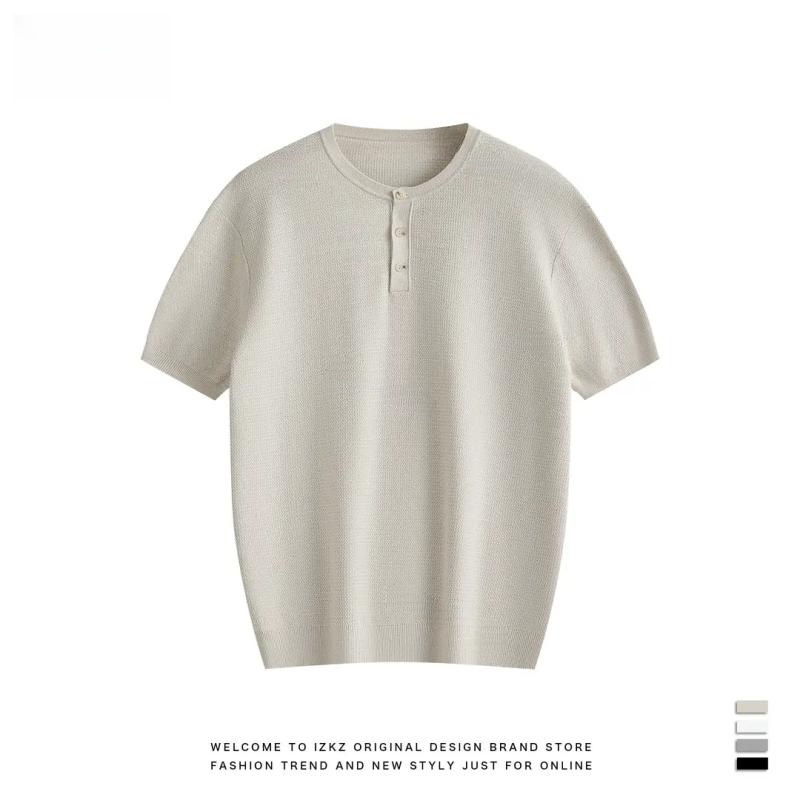 [King Gift] Imitation Mulberry Silk Midsummer Olive Henry Collar Wheat Ear Flower Knitted Short-Sleeved Fashionable Casual Pure Color