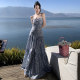 One-shoulder sexy backless bowknot suspender skirt female floral pleated dress seaside holiday long skirt beach skirt