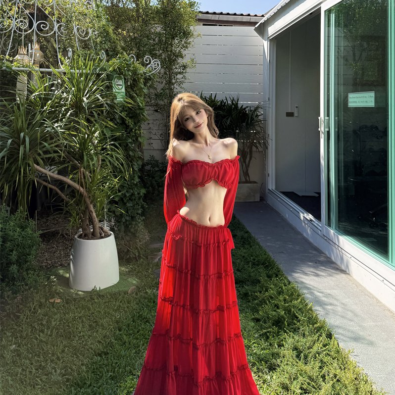 Thai Hot Girl's Stunning Beach Vacation Outfit: Dopamine Bright Red Off-Shoulder Top and Long Flared Skirt