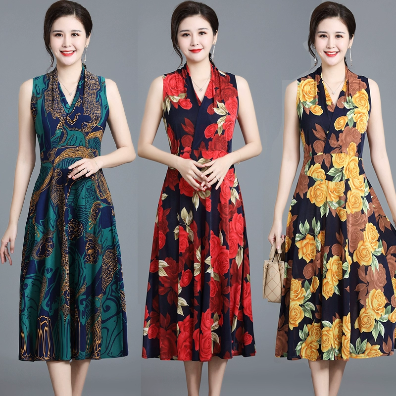 Váy mùa hè cho phụ nữ trung niên và cao tuổi Mẹ mùa hè không tay váy mỏng Phụ nữ trung niên váy xòe dài 2020 - váy đầm