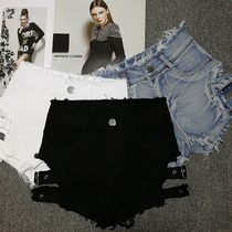 Button strap with washed wool edge jeans female peach Super shorts summer hot pants ins Net red high waist shorts