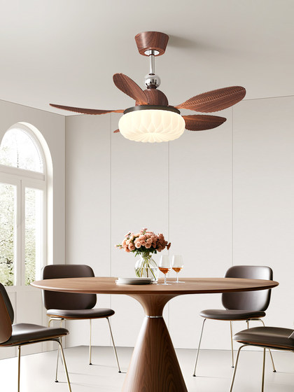 Medieval Style Retro Walnut Color Dining Room Ceiling Fan Light French Minimalist Style Bedroom Eye-Protecting Silent Fan Light