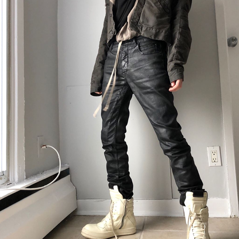 Oneofyou Dark Series Coated Waxed Pants Men's Ro Style Wax Pants Slim Fit Stretch Jeans Long Pants Trendy