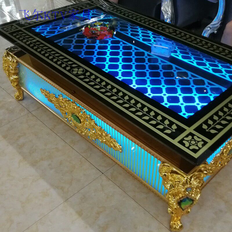 2021 new European-style KTV tea table luminous stainless steel titanium gold steel glazed glass bar cassette table KTV table-Taobao