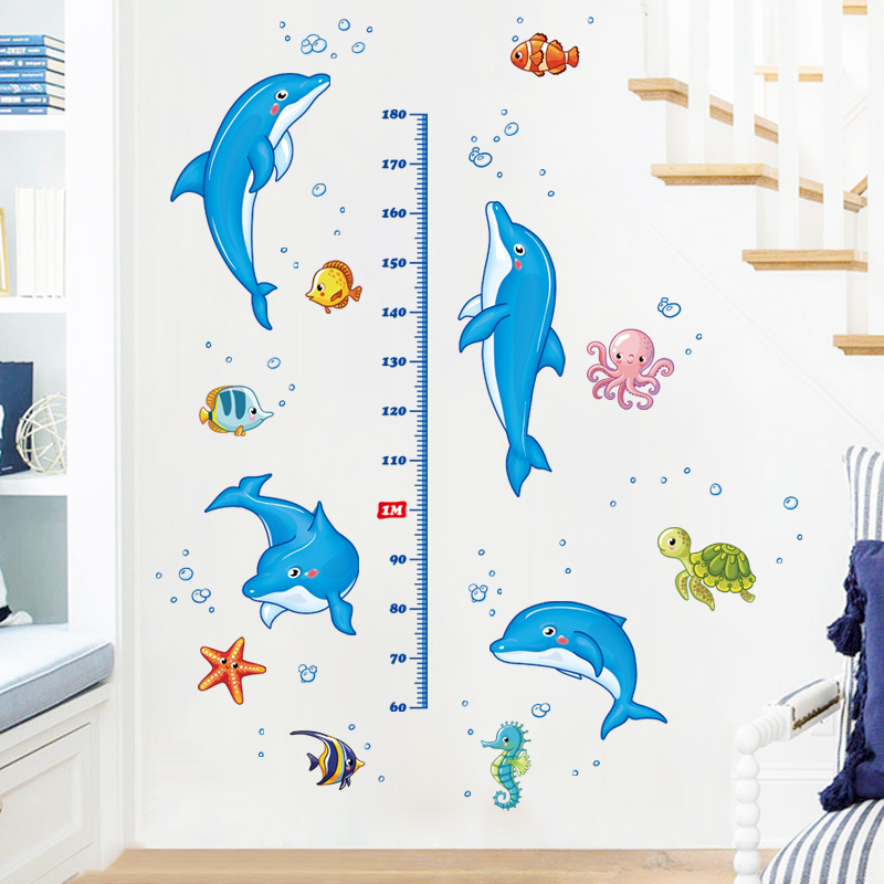 Cartoon dolphin height sticker boy baby children's room measurement height ruler Self-adhesive painting removable wall sticker