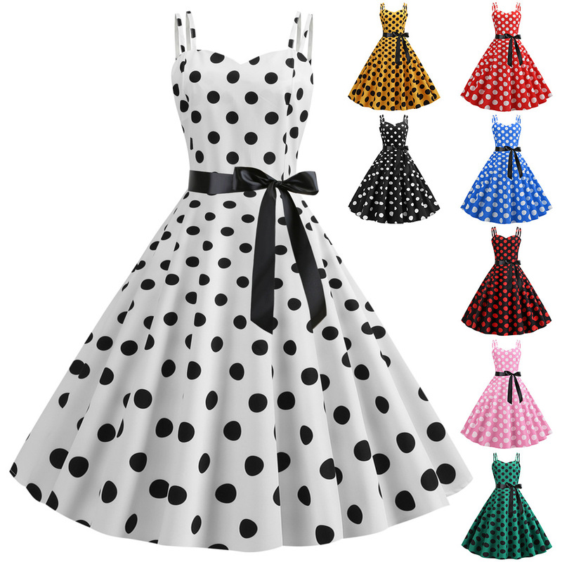 Performance Clothing Retro Hepburn Style Women's Suspender Polka Dot Hong Kong Style Goddess Bar Slimming Performance Dress 8036