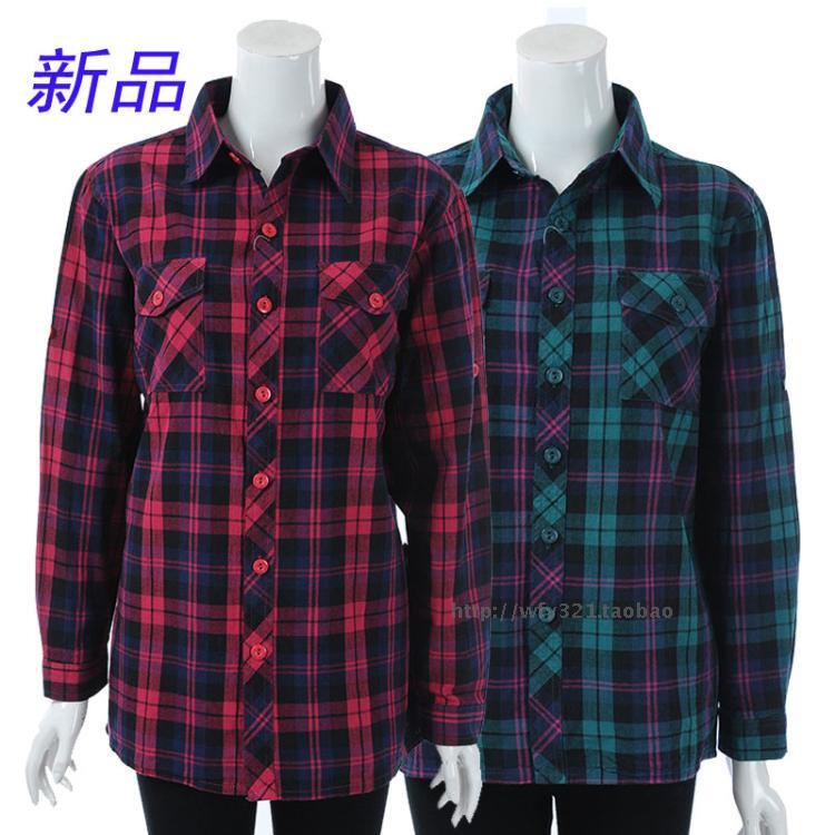 Xin Hongsen Middle-Aged and Elderly Women's Pure Cotton Long-Sleeved Plaid Shirt Plus Size Mother's Top Plus Fat for Spring & Fall
