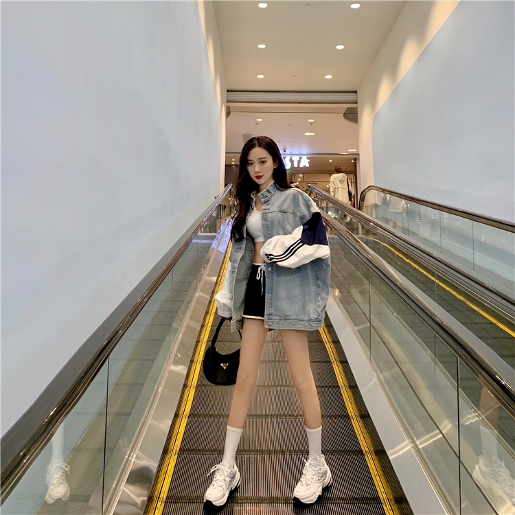 VK旗艦店 韓國風設計感撞色寬鬆BF拼接復古牛仔單品外套