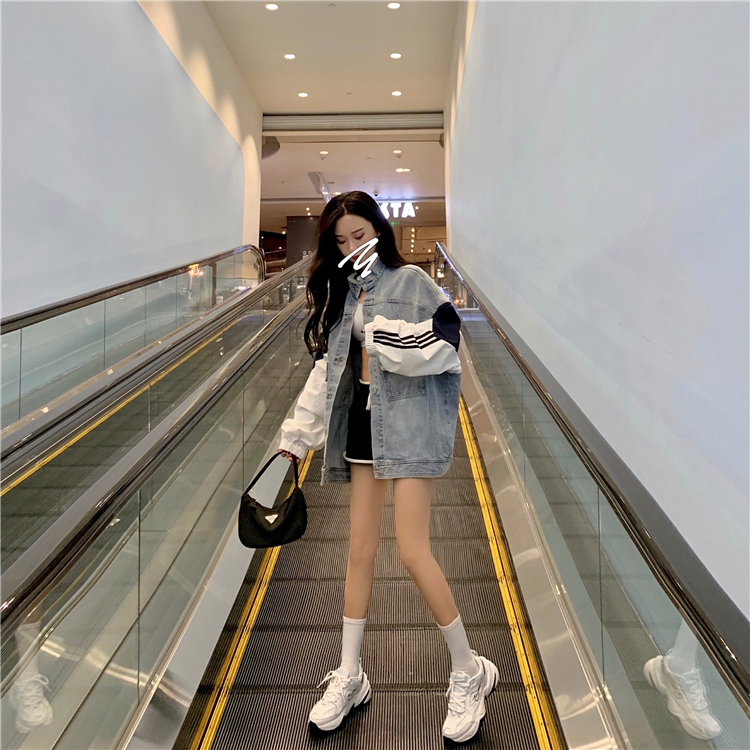 VK旗艦店 韓國風設計感撞色寬鬆BF拼接復古牛仔單品外套