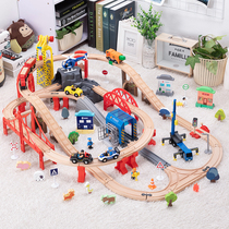 Childrens wooden electric train track set Le Cool toys Building blocks small train track car compatible with Rice rabbit IKEA