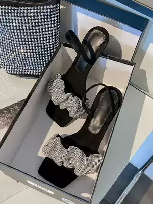 Star with rhinestone square head sandals women's summer 2021 new one-character with open-toed thin heels