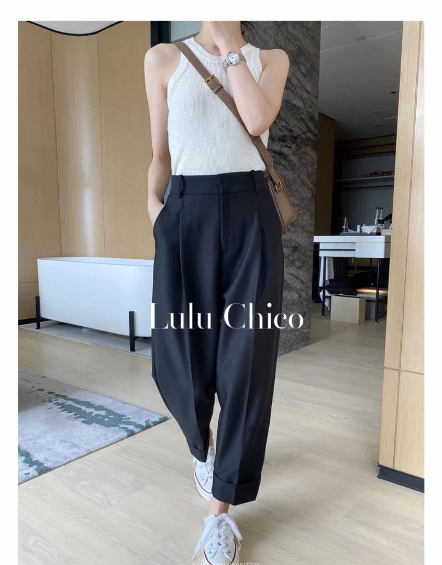 Black high-waisted straight-leg suit pants for women in the autumn of 2022, petite loose fringed 9-inch casual pants for women pic 1