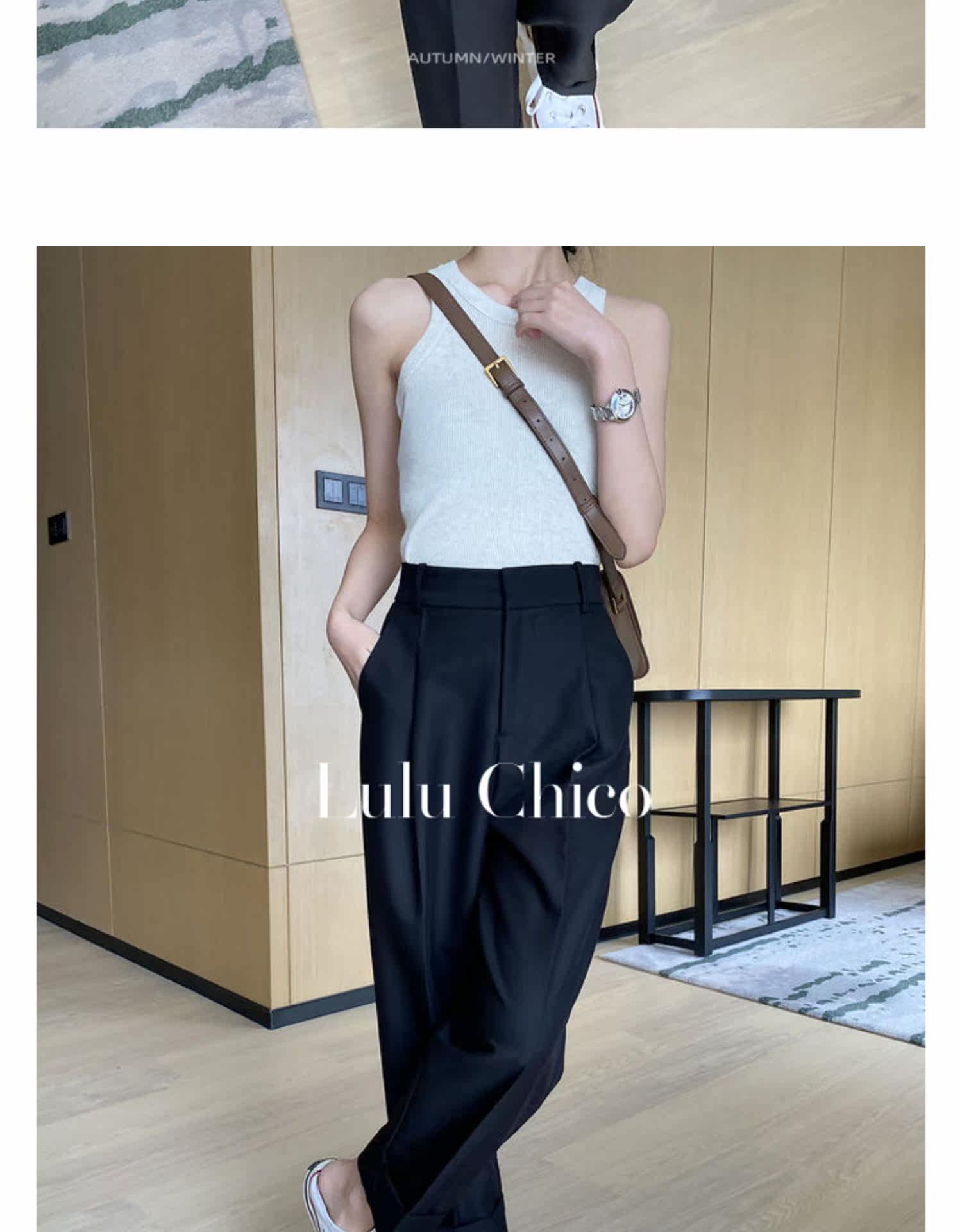 Black high-waisted straight-leg suit pants for women in the autumn of 2022, petite loose fringed 9-inch casual pants for women pic 8