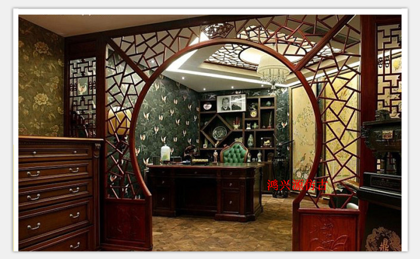 Dongyang wood carving Chinese style decoration antique doors and windows hanging down and floor cover elm wood Flower lattice ceiling Xuanxuan Moon Cave door 