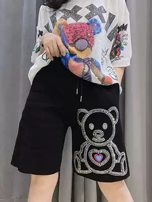 Summer high stretch five-point pants European heavy industry bear hot diamond knitted casual shorts fashion loose all-match five-point pants