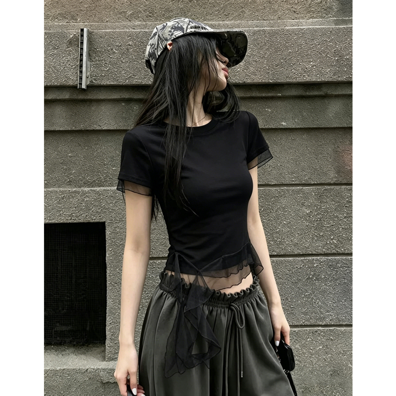 French Mesh Splicing Short-Sleeved T-Shirt for Women, New Summer Style, Simple Slim Fit, Round Neck, Slimming and Age-Reducing Short Top French Mesh Splicing Short-Sleeved T-Shirt for Women, New Summer Style, Simple Slim Fit, Round Neck, Slimming and Age-Reducing Short Top