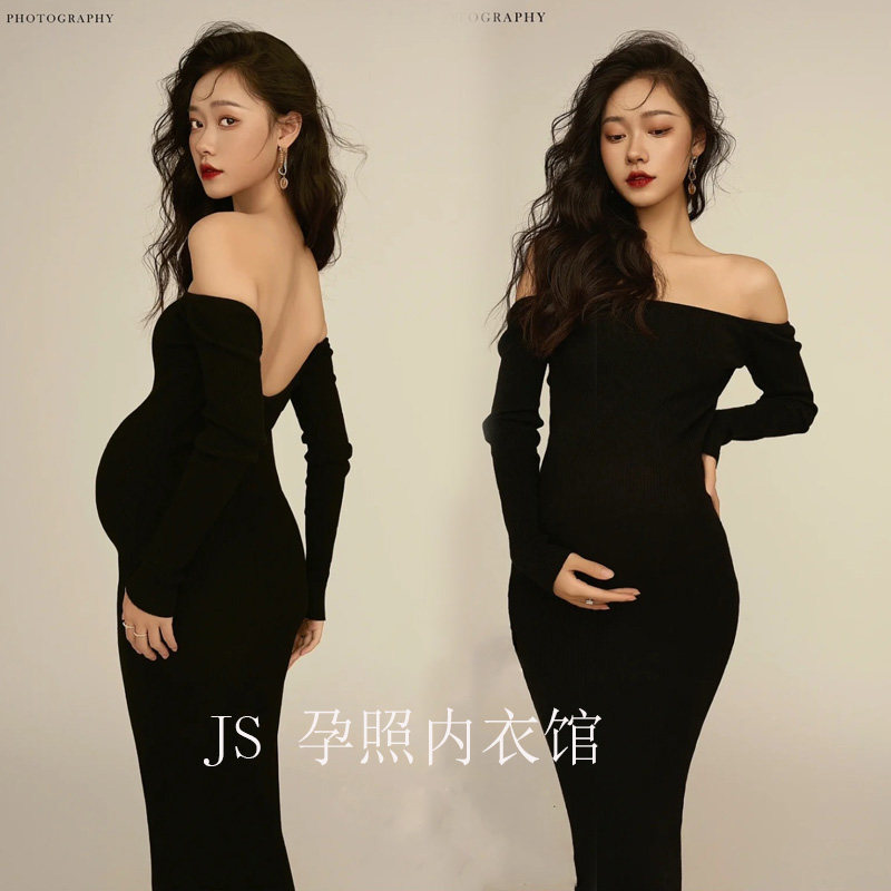 Pregnant Woman Photos Clothing New Movie House Black Sexy Dew Back Knit Dress Photography Pregnant Woman Photos at Home Photo-Taobao