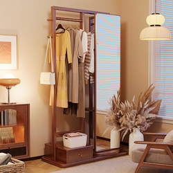 Solid Wood Hanger Floor For Home Bedroom Living Room Coat Rack Rotatable Drying Mirror Integrated Storage Rack with Mirror