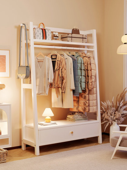 Solid Wood Coat Rack Floor-Standing for Bedroom, Simple Clothes Rack with Drawer, Small Household Clothing Storage Rack