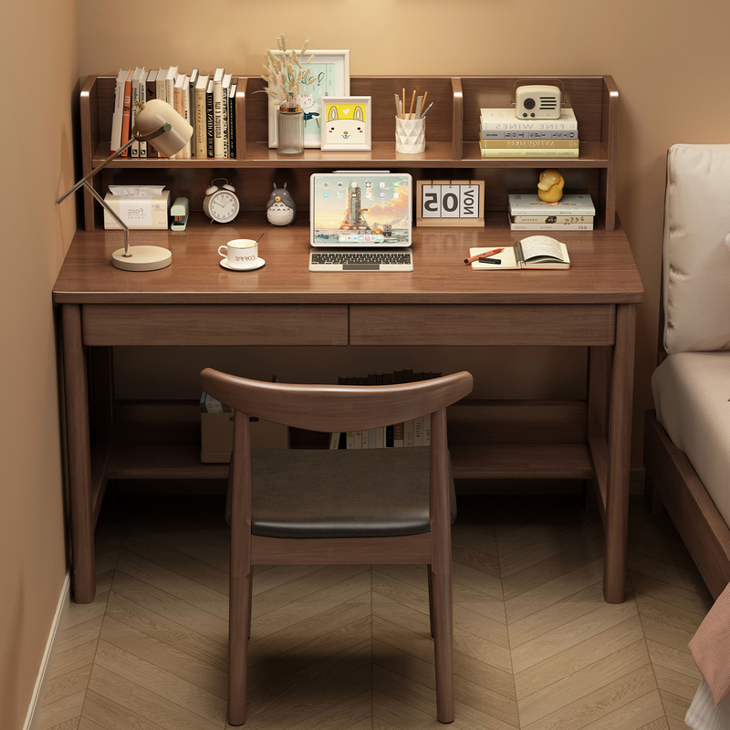 Solid Wood Desk for Students, Home Use with Integrated Bookshelf, Writing Desk for Study Room, Simple Computer Desk for Bedroom, Small Apartment Desk