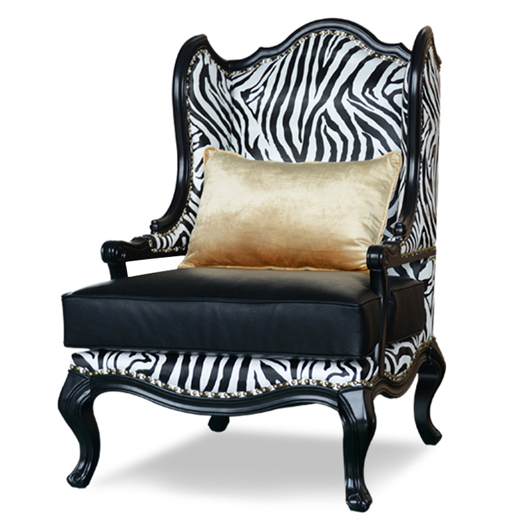 American tiger chair villa luxury solid wood carved black and white zebra pattern leather art high back leisure single sofa
