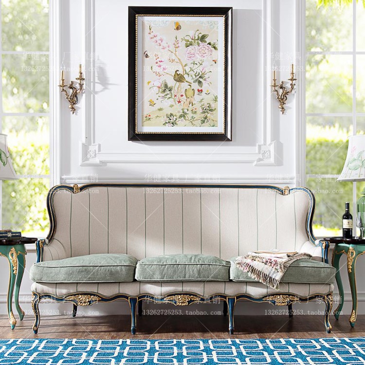 French Neoclassical three - person sofa full - solid wooden flower depiction is used European lawn count lawn 3 people seat