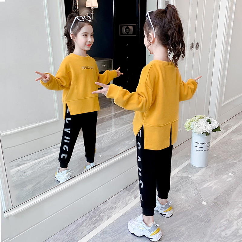 South Korean girls suit 2022 new early spring clothing foreign pie mesh red sweatpants thick cotton T long pants children two sets