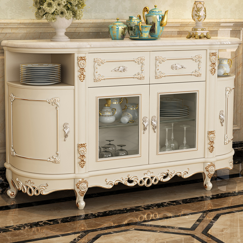 European Style Marble Dining Cabinet French Carved Solid Wood