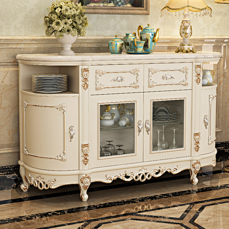 European marble dining cabinet French carved solid wood dining side cabinet American wine cabinet Kitchen tea cabinet Bowl cabinet Room cabinet