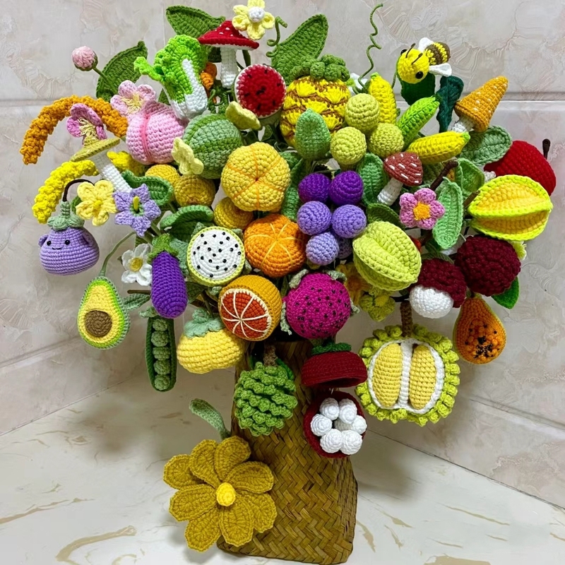 Crocheted Fruit Bouquets, Vegetable Yarn Bouquets, Durian, Grapes, Loquats, Carambola, Persimmons, Mangoes, Peaches, Pumpkins