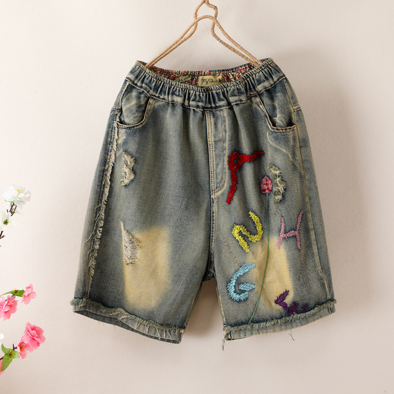 Literary retro old embroidered jeans female five points loose thin elastic waist letter embroidery pants thin section short