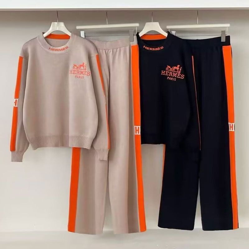 Casual Sports Women's New Embroidered Round-Neck Long-Sleeved Knitted Top High-Waisted Slimming Two-Stripe Wide-Leg Pants Two-Piece Set