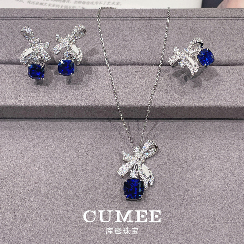 Cumee New Versatile Fresh Style Bowknot Design Cultivated Synthetic Sapphire Set. Silver Gold Plated