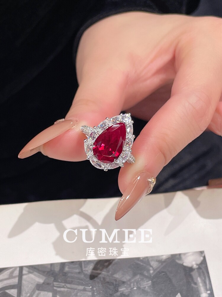 银饰吊坠 新年新品 时尚气质款水滴培育合成红宝石套装.银镀金 6g Cumee