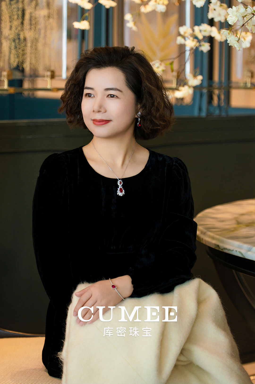 银饰吊坠 新年新品 时尚气质款水滴培育合成红宝石套装.银镀金 6g Cumee