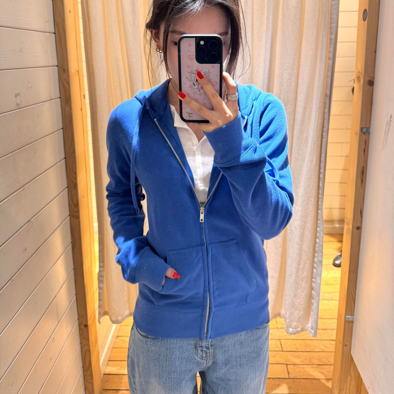 Bm Official Website New American Retro Style Royal Blue Hooded Zipper Jacket Bm Loose Cardigan Hoodie Sweatshirt for Women