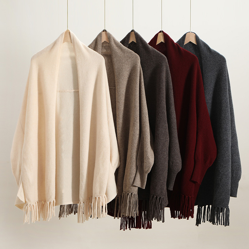 100% Wool Knitted Outerwear with Sleeves, Women's Autumn and Winter Sweater, Lazy Style Cape, Tassel Cardigan, Large Coat