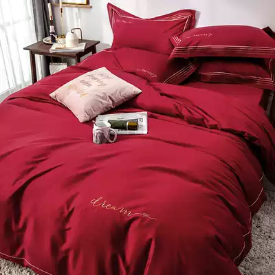 Simple cotton wedding four-piece group wedding bedding multi-piece set cotton quilt cover big red wedding room festive kit