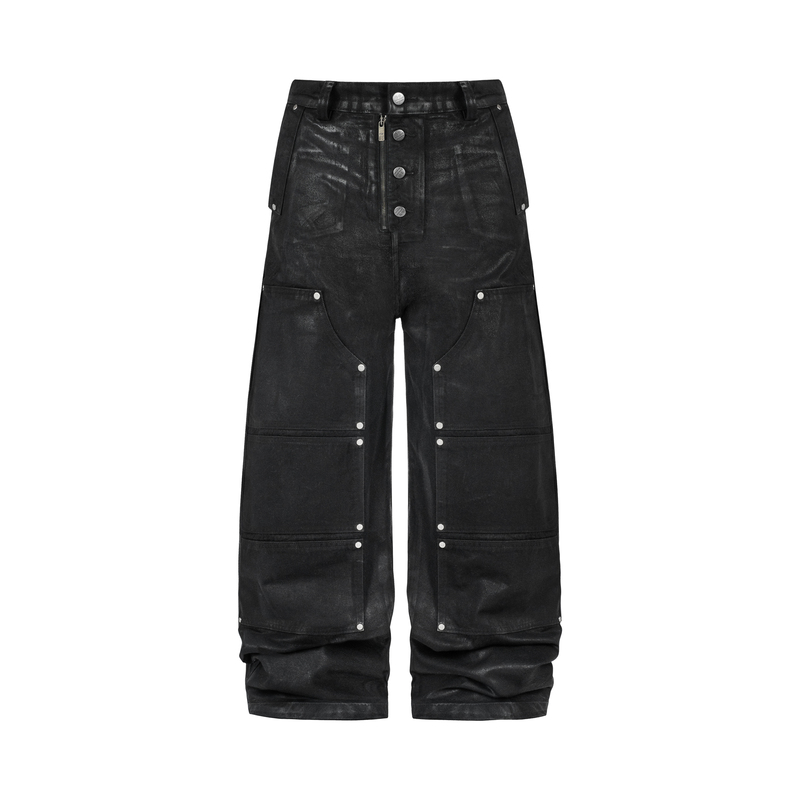 Antidote Denim Canvas Distressed Waxed Button-Fly Double-Knee Casual Work Pants with Rivet Patchwork Scimitar Wide-Leg Pants Antidote Denim Canvas Distressed Waxed Button-Fly Double-Knee Casual Work Pants with Rivet Patchwork Scimitar Wide-Leg Pants