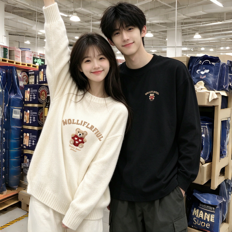 Cartoon Bear Couple Sweater 2026 New Autumn and Winter Thickened Warm Lazy Style Knitwear Unisex Top Cartoon Bear Couple Sweater 2026 New Autumn and Winter Thickened Warm Lazy Style Knitwear Unisex Top