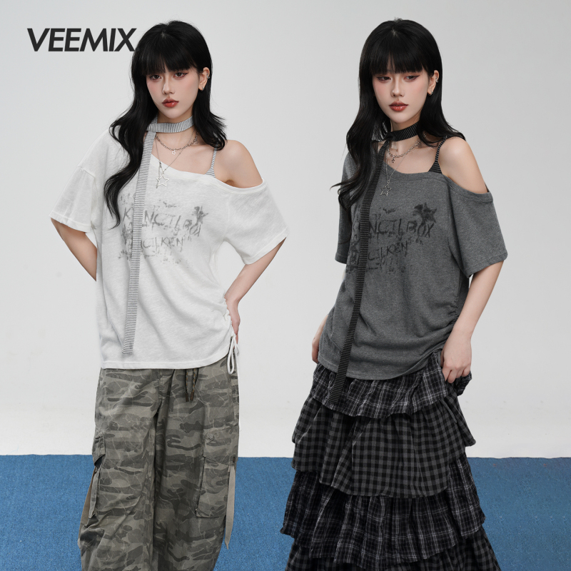 Veemix Summer Hot Girl Off-Shoulder Short Sleeve Top Women's Loose Half-Sleeve T-Shirt Korean Style ins Design Outfit