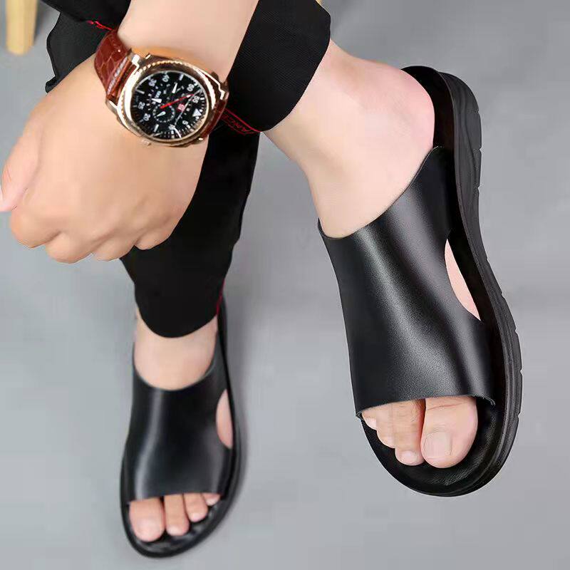 One word slippers men's leather sandals personality trend Korean version non-slip casual beach cowhide outer wear slippers fashion home
