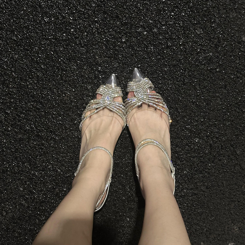 Super Shiny~~Transparent Rhinestone High Heels for Women, Silver Pvc Pointed Toe, Holiday-Style One-Strap Mule Sandals for Summer Super Shiny~~Transparent Rhinestone High Heels for Women, Silver Pvc Pointed Toe, Holiday-Style One-Strap Mule Sandals for Summer