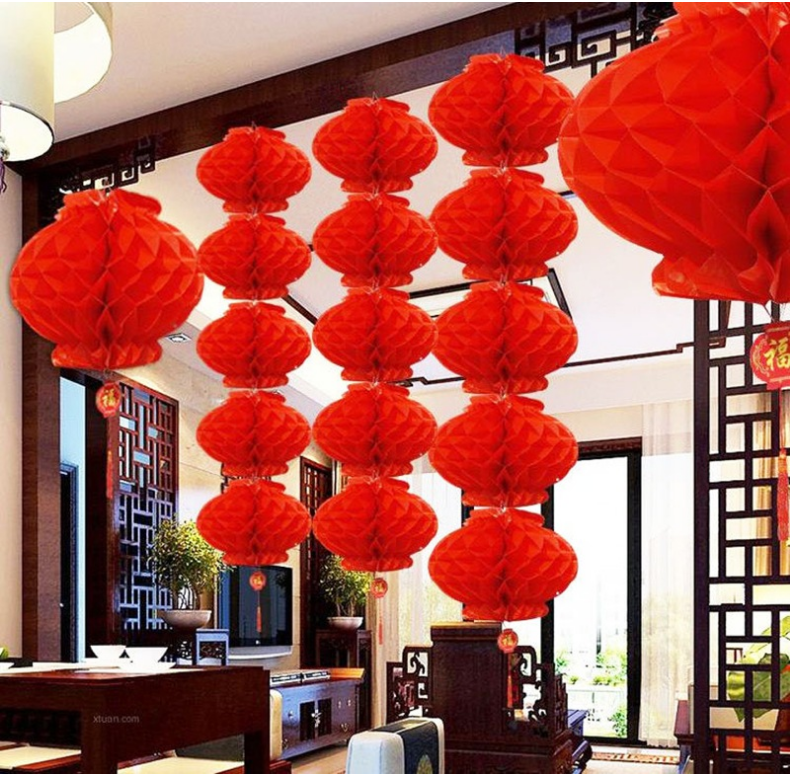 Mid-Autumn Festival decorative lanterns hanging honeycomb small red lanterns outdoor festive red lanterns plastic cloth lanterns on branches
