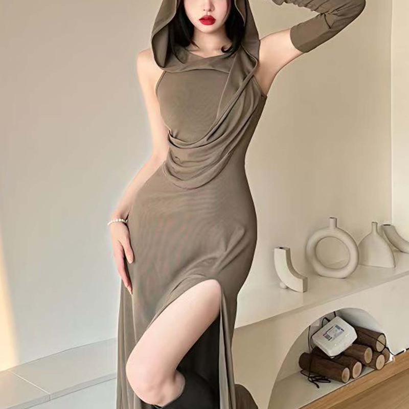Sand Dune Wasteland Style Irregular Hooded Dress for Women, Summer Thin Waist-Cinching Sexy High-Slit Drapey Long Dress