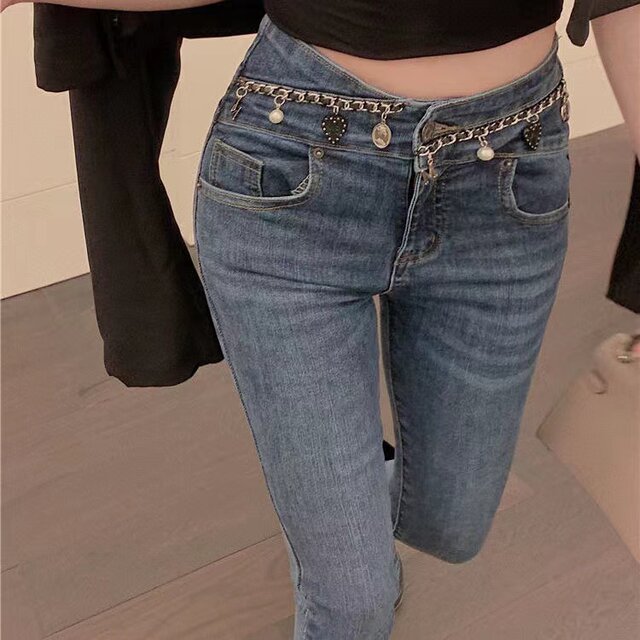 High waist jeans women's autumn and winter new chain decoration design feeling thin and tight fashion pencil feet pants