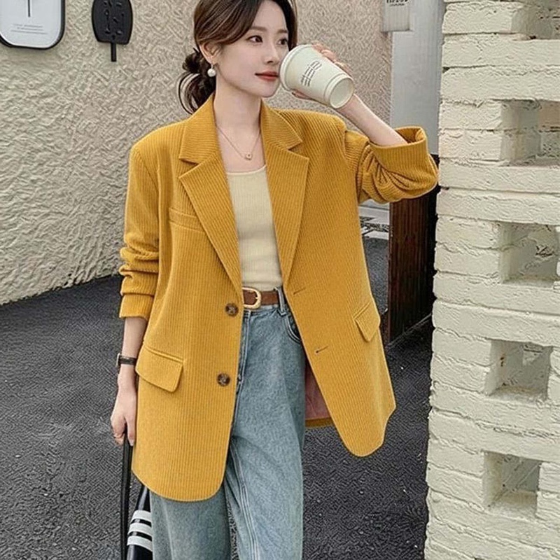 High-End Retro Yellow Corduroy Blazer for Women, New Autumn Korean Style, Elegant Casual Versatile Suit Jacket