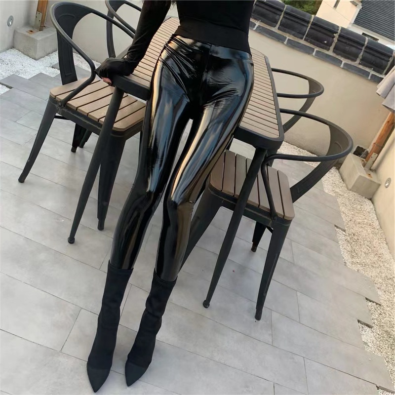 Sexy Shiny Leather Leggings for Outerwear, Mirror Leather Stage Nightclub Outfit, High-Waisted Shiny Leggings, Leather Pants